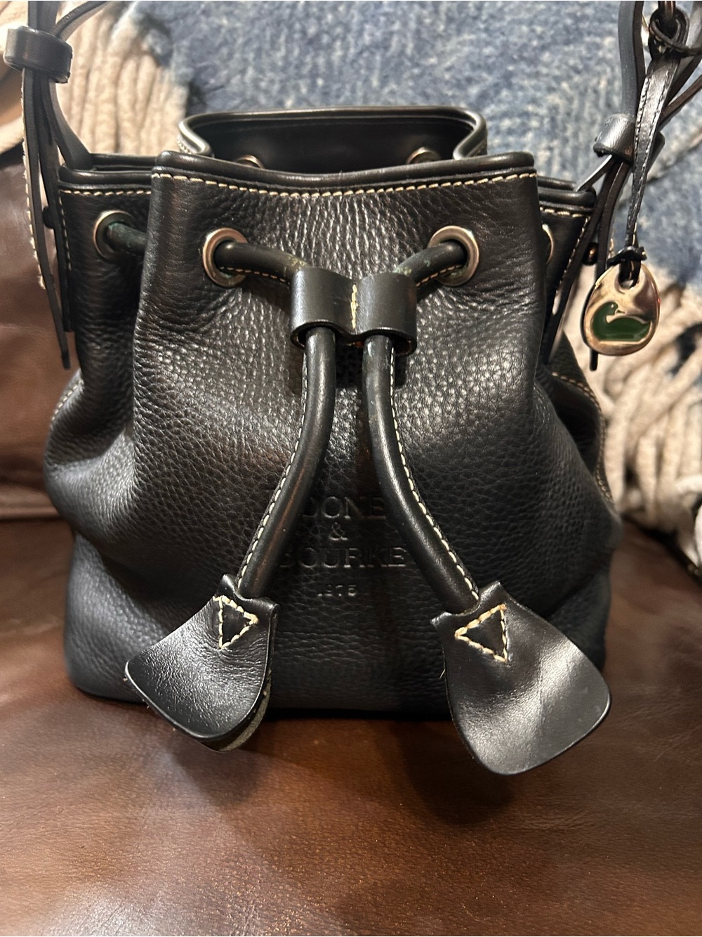 Dooney & Bourke Black Pebble Leather Drawstring Crossbody Bucket Bag